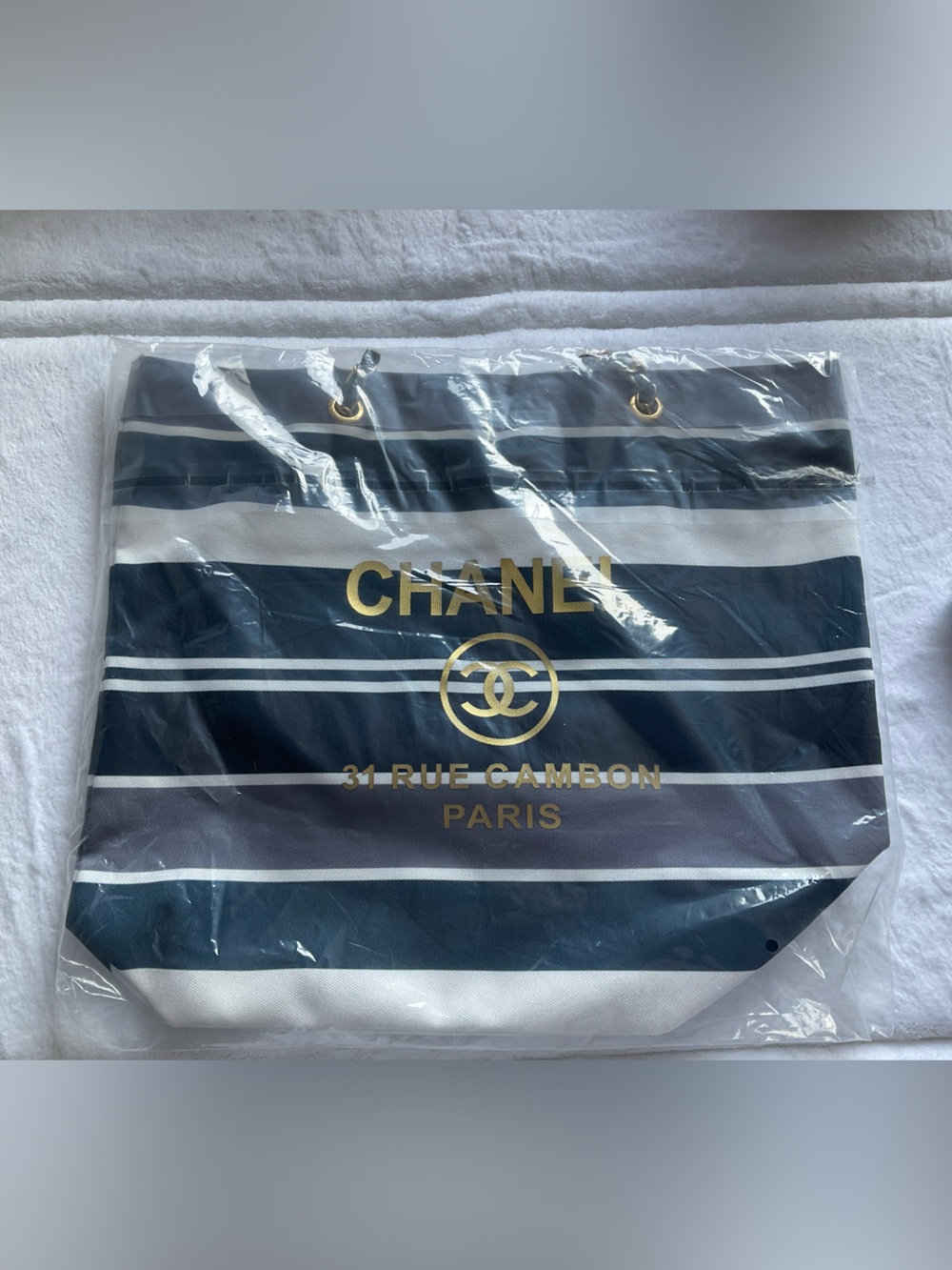 CHANEL GWP Navy, White & Gold Striped Canvas Tote
